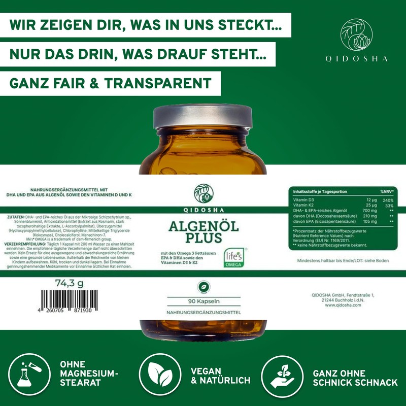 QIDOSHA Omega 3 Algae Oil Capsules Plus Vitamin D3 and