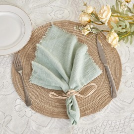 BALCONY & FALCON Cloth Napkins 100% Cotton with Fringed Handmade Square Rustic Style Washable Napkins 6 Pack Sage Green 50 x 50 cm for Easter Thanksgiving Christmas Weddings Parties Banquets