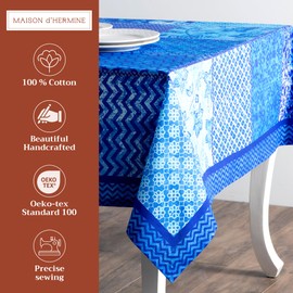 Maison d'Hermine Tablecloth, 100% Cotton, 160 cm x 220 cm, Decorative Tablecloth, Washable, Square Tablecloths for Mother's Day Gifts, Dining and Weddings, Indigo Love - Spring/Summer