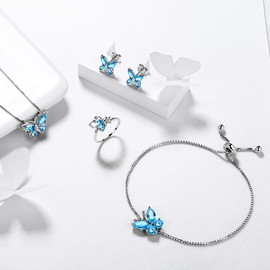 Aurora Tears Butterfly Necklace/Earrings/Rings/Bracelets Set 925 Sterling Sliver March Birthstone Blue Aquamarine Jewelry Set Animals Jewelry Gift for Women and Girls DS0070M