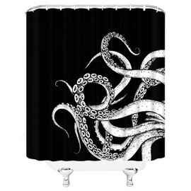 Octopus Shower Curtain Ocean Kraken Funny Black and White Nautical Animal Giant Octopus Tentacle Cool Modern for Men Boys Fabric Bathroom Decor Curtain with Hooks 70wX70h Inch