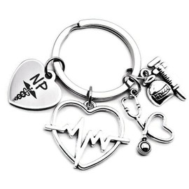 Kit's Kiss NP Nurse Practitioner Keychain Nurse Practitioner Gift NP Keychain Stethoscope Syringe ECG/EKG Heartbeat Charm Nurse Student Nurse Graduation School Nurse Keyring Caduceus Medical Symbol,