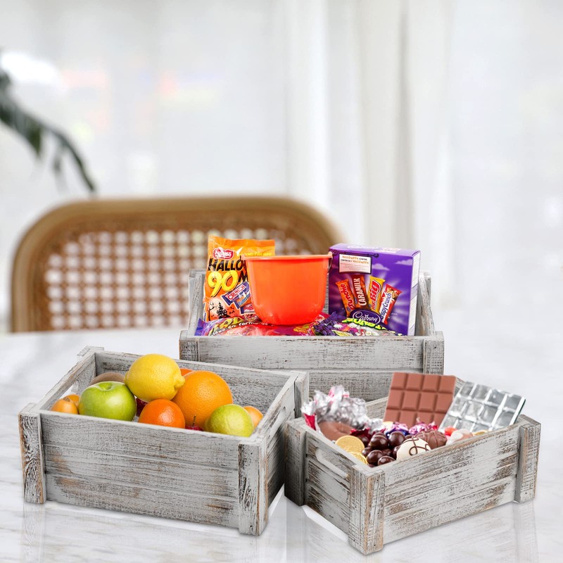 Hacaroa 3 Pack Wood Crates with Handles, Rustic Nesting Storage