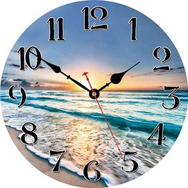 VIKMARI Sea Beach Wall Clock, Small 8 Inch Lovely Blue Clock, Unusual Silent Non Ticking Modern Wall Clock for Bathroom Living Room Kitchen Bedroom Office