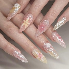 Flower Press on Nails Medium Almond Fake Nails Floral False Nails Gradient Pink Glue on Nails with Designs 3D Pear Stick on Nails Glossy Full Cover Acrylic Nails for Women Girls Manicure 24 Pcs