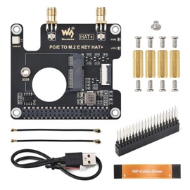 Waveshare PCIe to M.2 E Key HAT, Compatible with Raspberry Pi 5, Support Various NGFF (M.2 E Key) Wire-Less NIC, Supports USB Blue-T Connection and HAT+ Standard, Raspberry Pi 5 PCIe HAT