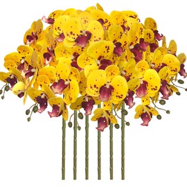 FagusHome 32 Inch Artificial Phalaenopsis Flowers 6 Pcs Artificial Orchid Flowers Stem Plants for Home Décor (Yellow Piebald)