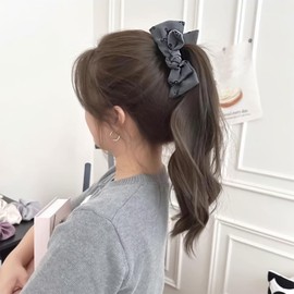 Rannyrena Cute Satin Bow Hair Claw Clips for Women Thin Thick Hair Large Nonslip Ponytail Holder Hair Claw Clips Catch Clamps Hair Accessories (Black and Grey)