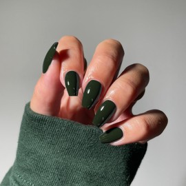 KQueenest Gel Press on Nails Short Medium Coffin, Solid Color Fake Nails Nails Press ons, Short Ballerina Glue on Nails With Glazed Finish, Simple Acrylic Nails False Nails For Finger, Dark Green