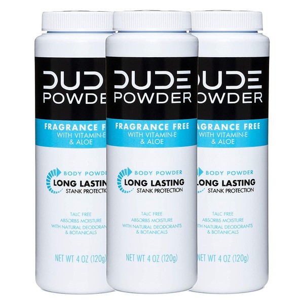 DUDE Body Powder, Fragrance Free 4 Ounce (3 Bottle Pack) Natural Deodorizers With Chamomile & Aloe, Talc Free Formula, Corn-Starch Based Daily Post-Shower Deodorizing Powder for Men