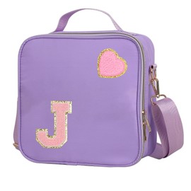 Insulated Nylon Lunch Box for Girls, Kids, and Women-Stylish Purple Preppy Large Lunch Bag with Adjustable Strap (Letter J), Tote for School, Travel, and Picnics-Ideal Preppy Stuff Choice