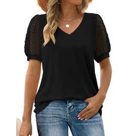 Aokosor Womens Summer Tops V Neck Swiss Dot Puff Sleeve Shirts Loose Fit Plus Size Black XXL