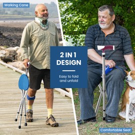 S AFSTAR Walking Cane with Seat, Height Adjustable Cane Chair with LED Light & Retractable 3 Legs, Portable Anti-Slip Seat Cane, Heavy Duty Walking Stick Chair for Seniors Elderly (Blue)