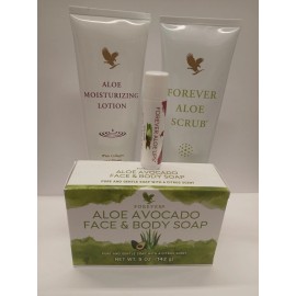 Forever Living Products SET Forever Aloe Scrub, Aloe Moisturizing Lotion, Avocado Soap & Aleo Lipstick