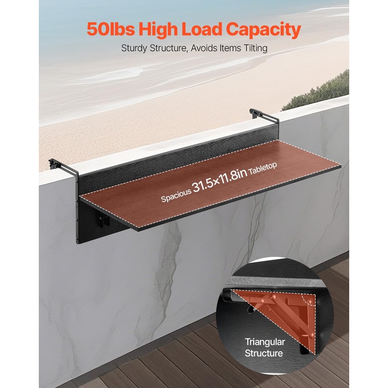 VEVOR Balcony Hanging Table, 31.5 x 12 inch Folding Balcony