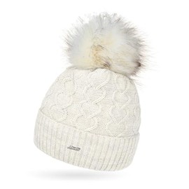 Neverless® Ladies Knitted Hat Fur Pom Faux Fur Bobble Hat Fleece Lining Heart Knitting Pattern Envelope, 21169 cream