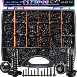 mxuteuk #8#10 Self Tapping Screws for Metal,410 Stainless Steel Self Drilling Screws,Truss Head & Hex Head 1/2" to1-1/4'' Self Tapping Screw for Plastic(800pcs Screw+370pcs Washer)