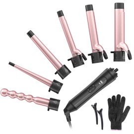 6-in-1 Curling Iron, Professional Instant Heat Up Hair Curling Wand Set with 6 Interchangeable Ceramic Barrels (0.35'' to 1.25'') and 2 Temperature Adjustments, Heat Protective Glove & 2 Clips