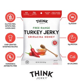 Think Jerky Beef and Turkey Jerky Variety Pack, Classic, Sweet Chipotle, Sriracha Honey, Sesame Teriyaki, Healthy Meat Snack, Low Calorie Low Fat - 1.0 oz Bags, 8 Pack, 2 of Each