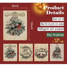 ULEGIE Vintage Merry Christmas Decor Wall Art Prints Set of 4, Merry Christmas Cardinal Birds Wall Decor, Rustic Christmas Wall Decor for Living Room Bedroom, 8x10 Inches Unframed