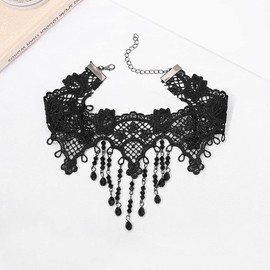 Handcess Black Lace Choker Necklace Rhinestone Tassel Necklaces Gothic Hollow Flower Collar Jewelry Accessories for Women and Girls