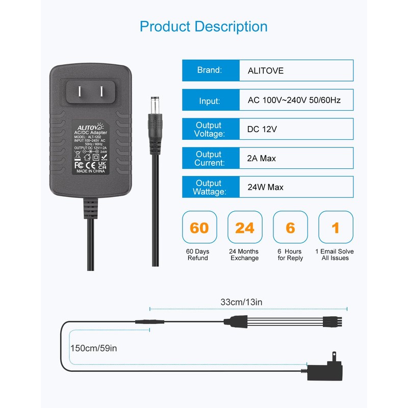 ALITOVE Security Camera Power Supply Adpter 12V 2A with 4