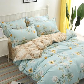 Tospass Bed Linen 135 x 200 cm 4-Piece Flowers Green Gold Modern Floral Bed Linen Set Girls Duvet Cover Soft Microfibre Reversible Bed Linen 2 Duvet Covers with Zip 2 Pillowcases 80 x 80 cm