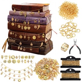 VioraWhite 1 Set 1 Set 346 Pcs DIY Bible Charm Bookmarks Making Kit, Gold Bible Charms Chains, Lobster Clasps & Tools, Christian Religious Craft for Church Activities Faith Baptism Gift (Basic Style)
