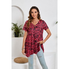 Enmain Womens Tunic Tops Short Sleeve Summer Tunics Top for Women UK V Neck Long Loose Ladies Tunic Blouse Hanky Hem Red,3XL