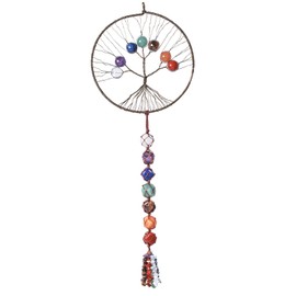 KYEYGWO 7 Chakra Crystal Tree of Life Hanging Decoration with Tumbled Stones Tassel, Stone Wall Hanging Ornament, Healing Stone, Dream Catcher, House Window Decoration