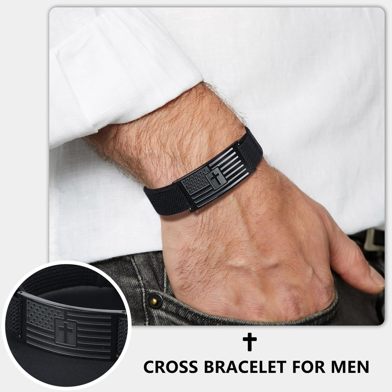 LDOWWGL Mens Bracelet - American Flag Christian Cross Bracelet with