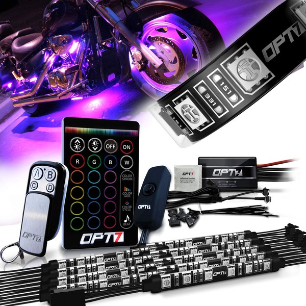 OPT7 Aura Motorcycle LED Accent Lighting Kit, RGB Multi-Color Lights Kit with Remote, Motorcycle Lights Underglow Strips Accessories with Switch for Cruisers, 10pc Single Row