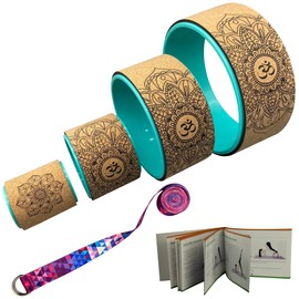 Aozora Yoga Wheel 13" with Most Detailed Book Step by Step Guide on How to Do 30+ Poses,! Perfect for Stretching and Improving Backbends (4 Pack - 4, 6, 10 & 13" -Cork/Turquoise +strap)