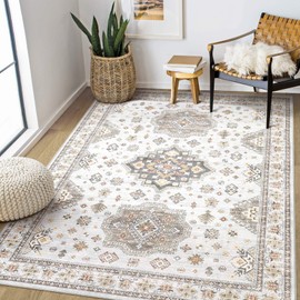 EIEIHOUSE Washable Area Rugs for Living Room - 5x7 Neutral Vintage Distressed Floral Farmhouse Boho Large Soft Floor Rug Indoor Non Slip Carpet for Living Room Bedroom Dining Room Office - Blue Brown