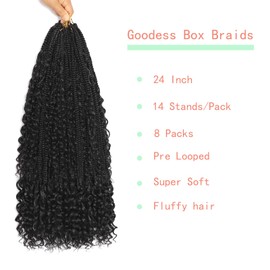 Goddess Box Braids Crochet Hair 24Inch 8 Packs Boho Crochet Braids for Black Women Crochet Hair With Curls Boho Box Braids Crochet Hair Cruly Crochet Hair for Black Women 1B