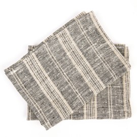Set of 2 Tea Towels Black Multi Striped Linen