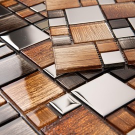 Adedeo Glass Backsplash Tiles Mosaic Brown and Silver 12 x 12 Inch for Kitchen Backsplash Bathroom Wall (5-Pack, 5 sq.ft.)