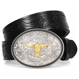 XZQTIVE Western Leather Belt for Men Women Cowgirl Cowboy Belt Country Belt Silver Buckle Tooled Leather Belt for Jeans