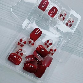 Fall Leaf Press on Nails Fake Nails Short Square Glitter with Maple Leaf Design Red Leaves Acrylic Nails Glossy Stick on Nails Artificial Nails Glue on Nails for Women Thanksgiving Manicure Autumn 24