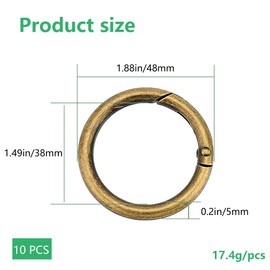 XCSJ 10 x Carabiner Round 48 mm Very Robust Zinc Alloy Large Carabiner Ring Carabiner Hook Round Carabiner Ring O Ring Round Carabiner for Key Chain, Bag, Jewellery, DIY Crafts (Bronze)