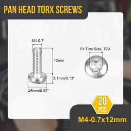 DTGN M4x12mm Pan Head Torx Security Screw - 20Pack - Good for Machinery - 316 Stainless Steel Button Head Torx Bolt Star Drive Security Fasteners - Silver Tone