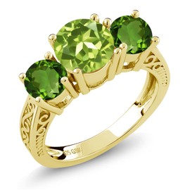 Gem Stone King 2.35 Ct Green Peridot Chrome Diopside 18K Yellow Gold Plated Silver 3-Stone Ring (Size 8)