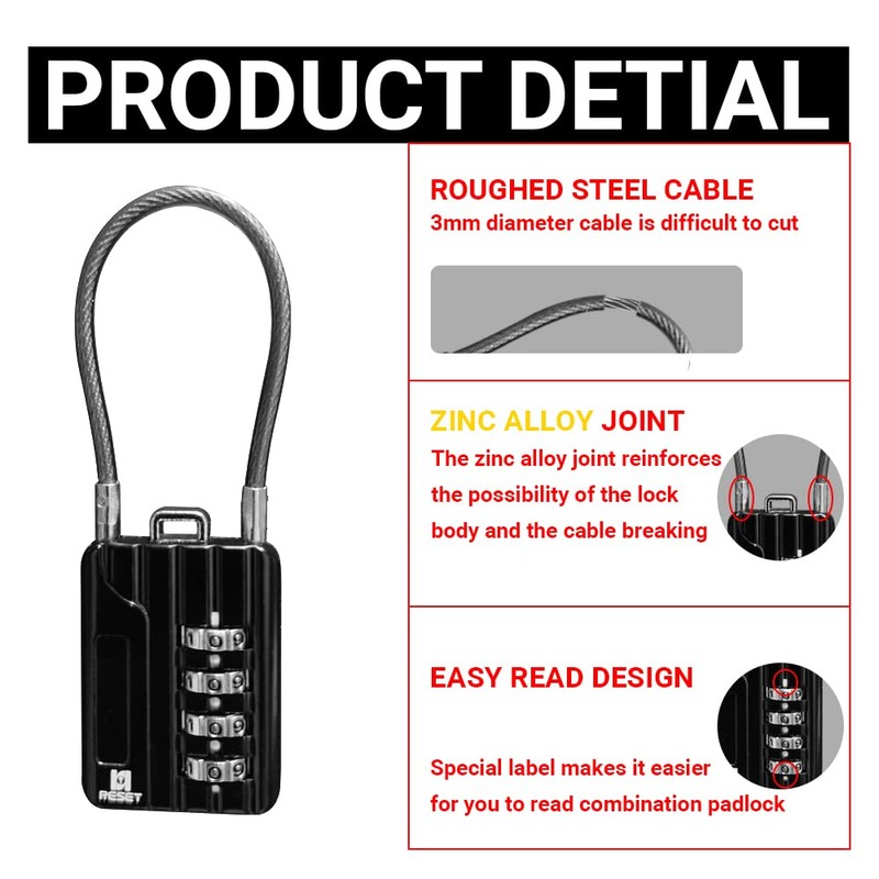 RESET -200 4-Digit Combination Lock with 10 cm Wire Rope,