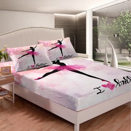 Ballerina Fitted Sheet Single Size, Cute Ballet Dancer Bed Cover with 1 Pillowcase, Performing Arts Bedding Set 2pcs for Kids Girls Teens Room Decor, Soft Polyester Bedding