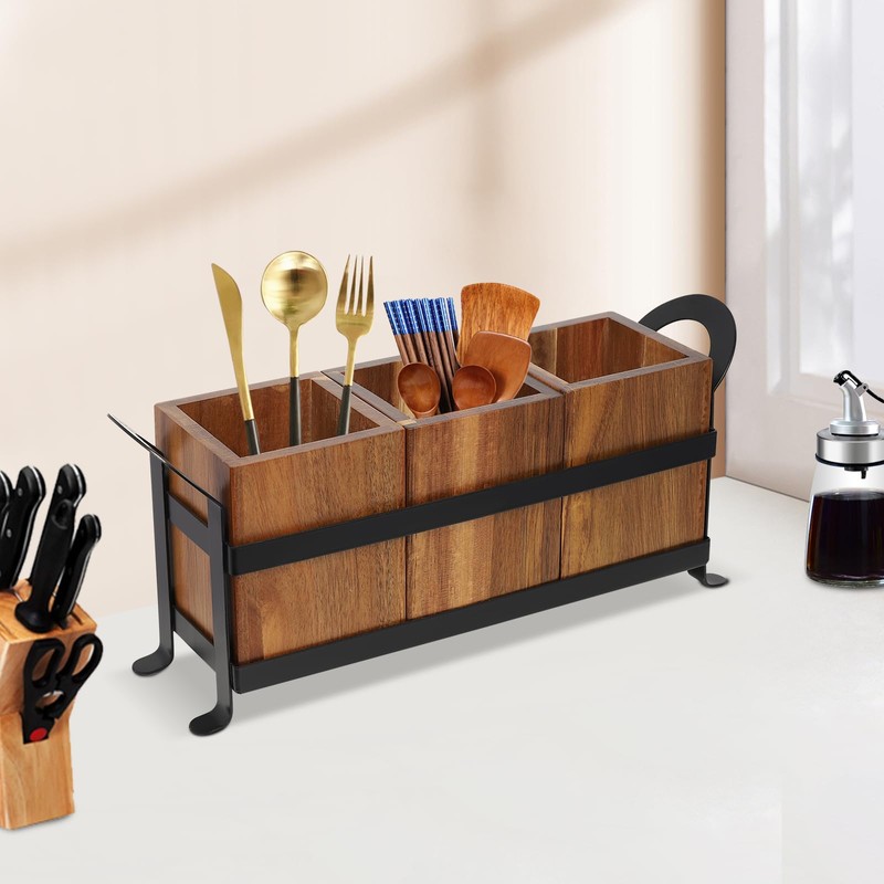 LENJKYYO Wooden Cutlery Organizer Utensil Crock Flatware Holder Countertop Silverware