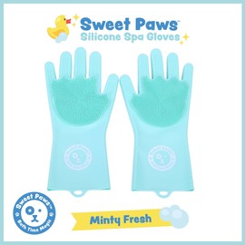 Sweet Paws Silicone Spa Dog & Cat Bathing & Grooming Gloves, 2 Count, Reversible, Nontoxic, & Easy to Clean, Thousands of Massaging Micro-bristles to Pamper your Pet - Minty Fresh