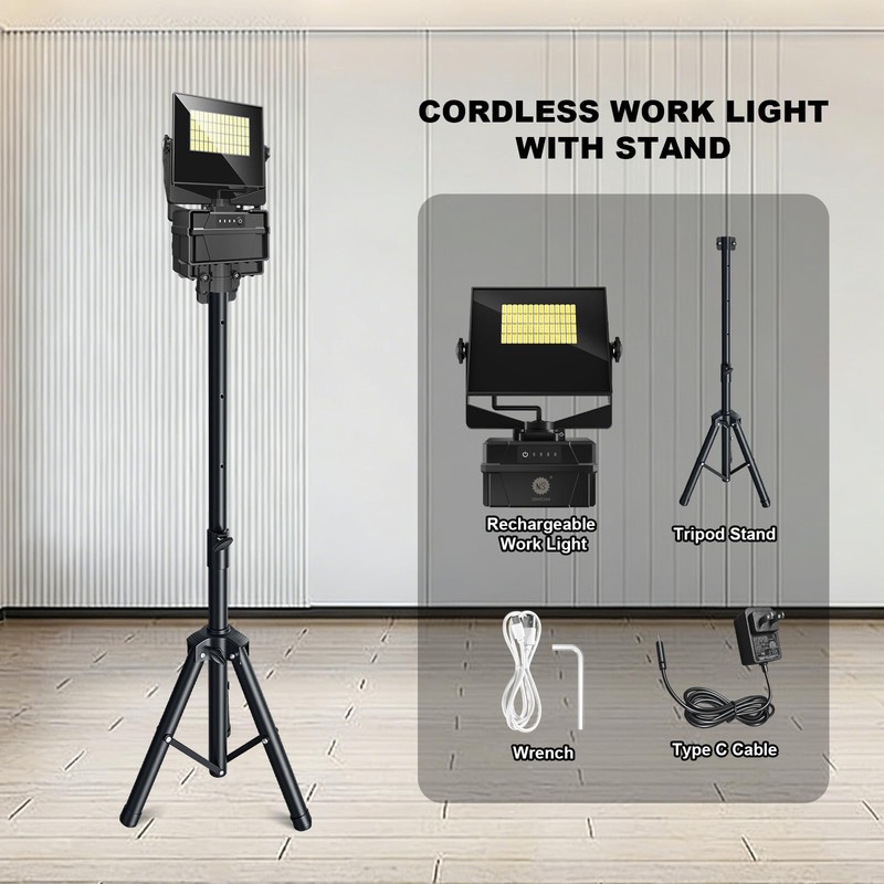 10000 mAh Rechargeable LED Work Light with Tripod Stand, 5000K