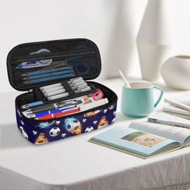 COEQINE Pencil Box for School Boys Pencil Case Large Capacity Pencil Organizer with Mesh Pocket and Pencil Slot Keep Organizer Teens Boys 10-12 Age,Soccer Ball Print