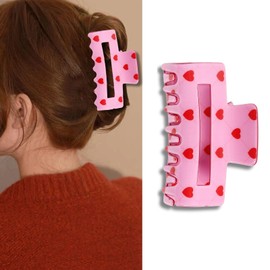 Valentine's Day Heart Hair Clips Large Rectangle Hair Claw Clip Pink Acrylic Hair Jaw Clip Strong Hold Nonslip Hair Clips Valentines Hair Claws for Thin Thick Hair Xmas Hair Claw Clip for Women