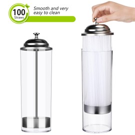 Patelai 10.6 Inch Plastic Straw Dispenser and 100 Pcs Drinking Straw Organizer Container with Stainless Steel Lid Transparent Drinking Straw Holder Plastic Drinking Straw(Clear)